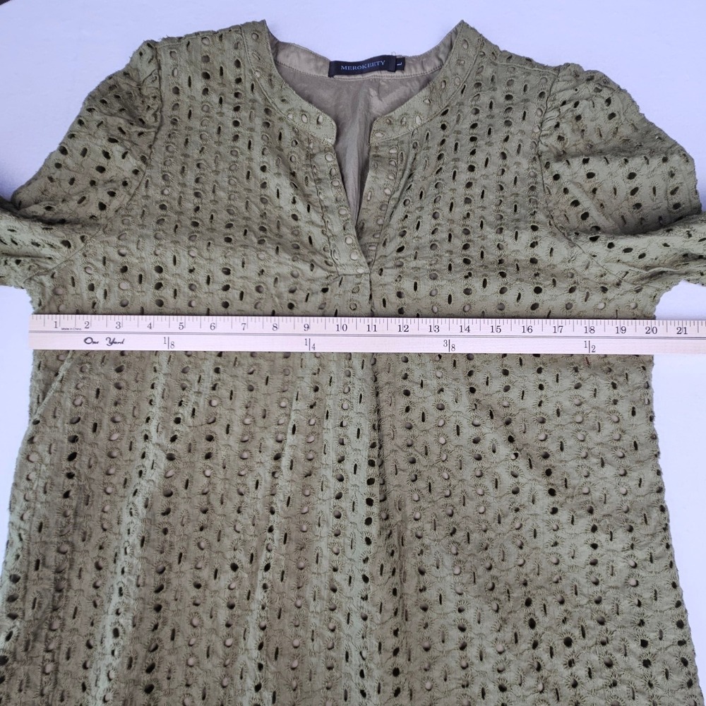 Merokeety Women Olive Green Eyelet Embroidered Split Neck Long Sleeve Blouse L - Picture 3 of 9